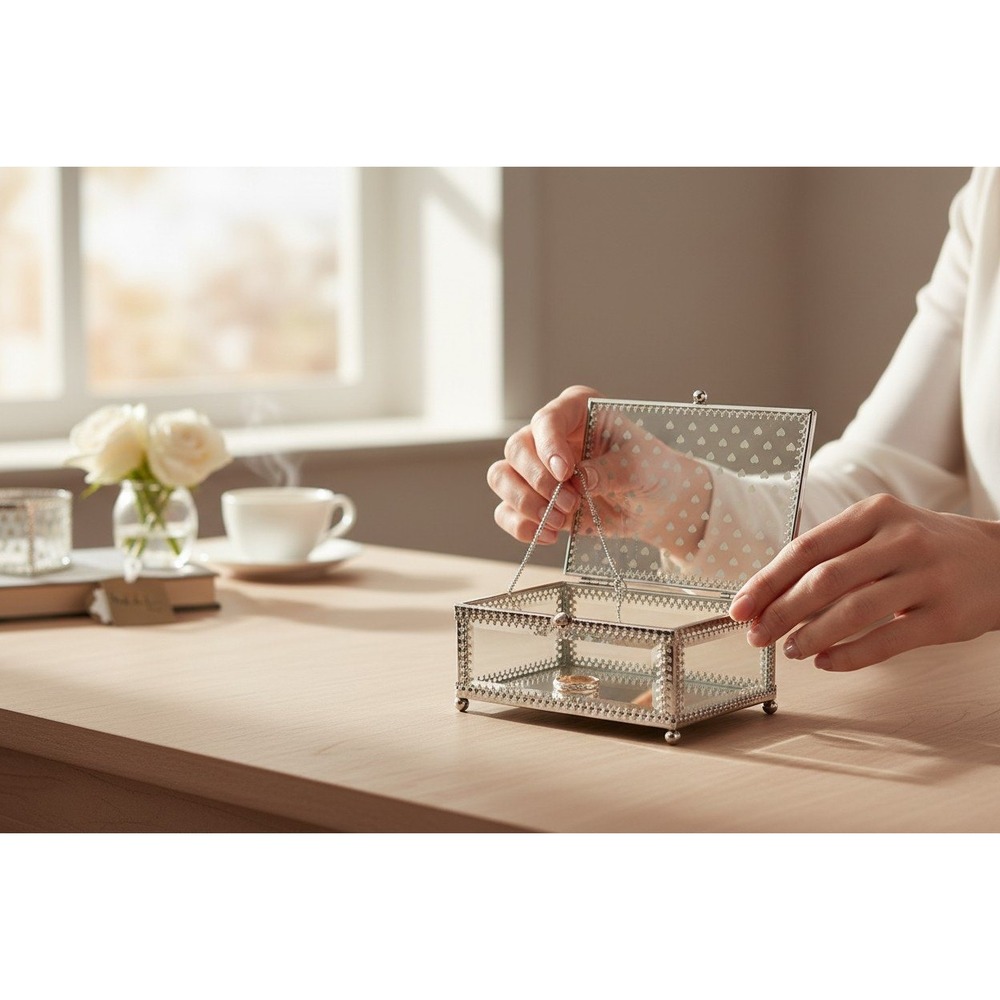 Nicole Miller Jewelry Box Unisex OS Silver Brand New Heart Etched Glass Mirror